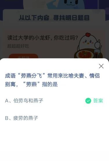 “劳燕分飞”常用来比喻夫妻、情侣别离，“劳燕”指的是?支付宝蚂蚁庄园5月10日答案截图