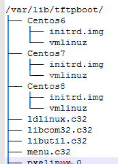 /var/lib/tftpboot/├── Centos6│   ├── initrd.img│   └── vmlinuz├── Centos7│   ├── initrd.img│   └── vmlinuz├── Centos8│   ├── initrd.img│   └── vmlinuz├── ldlinux.c32├── libcom32.c32├── libutil.c32├── menu.c32├── pxelinux.0└── pxelinux.cfg└── default