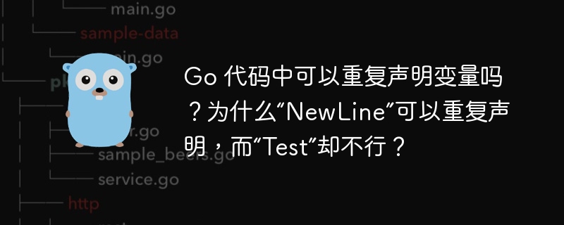 Go 代码中可以重复声明变量吗？为什么“NewLine”可以重复声明，而“Test”却不行？