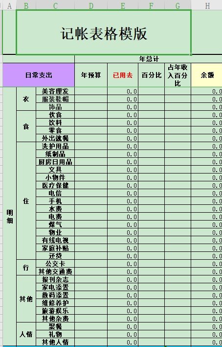 家庭记账表格模板