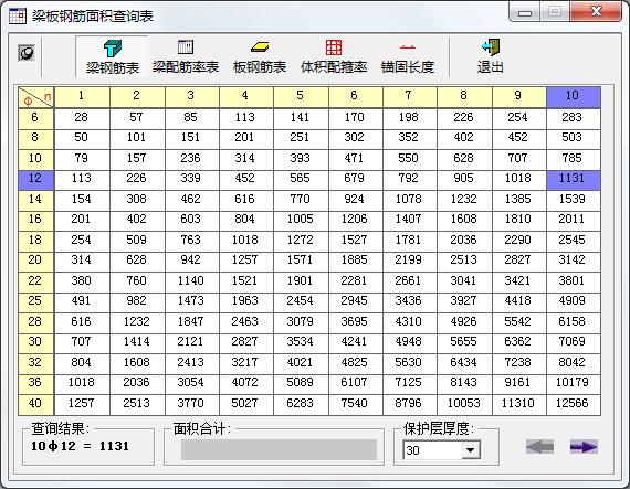 梁板钢筋面积查询表