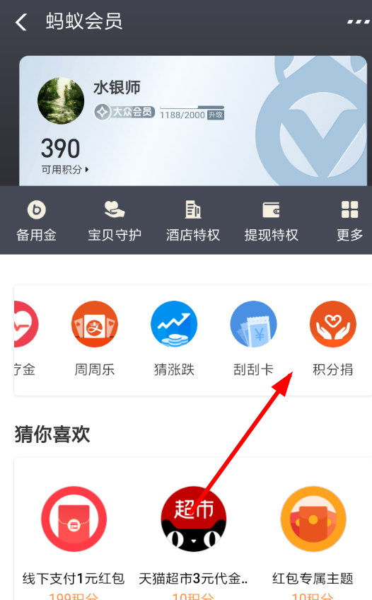 在支付宝APP里捐赠积分的简单操作截图