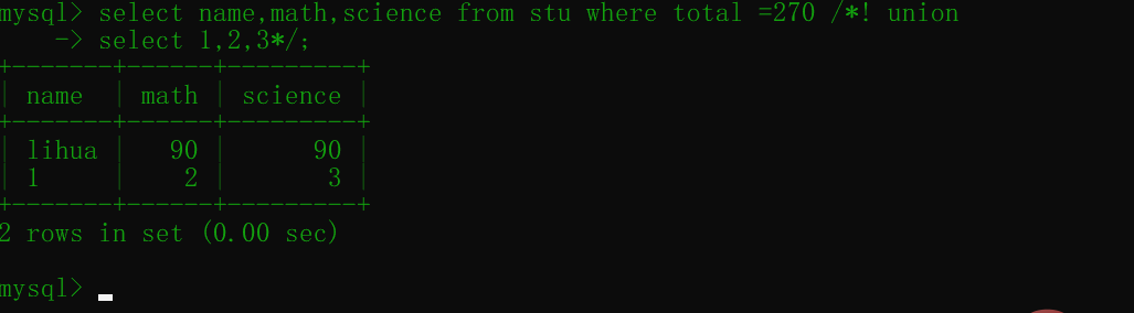 这个语句和select name,math,science from stu where total =270 union select 1,2,3的结果是相同的